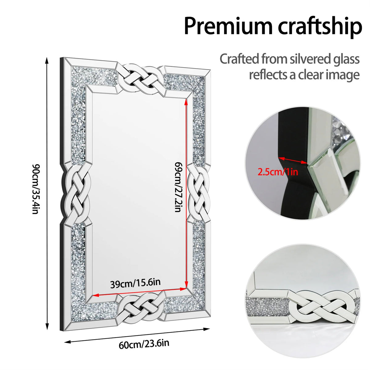 Miroir rectangulaire avec crochets en D pour fixation murale