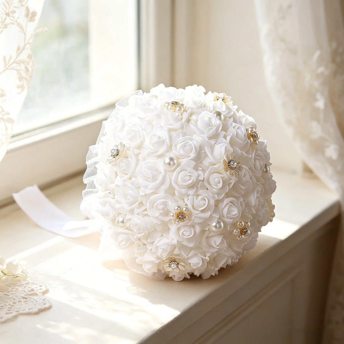 bouquet roses artificielles mariage blanc argenté rubans satinés scintillantes tissu classique