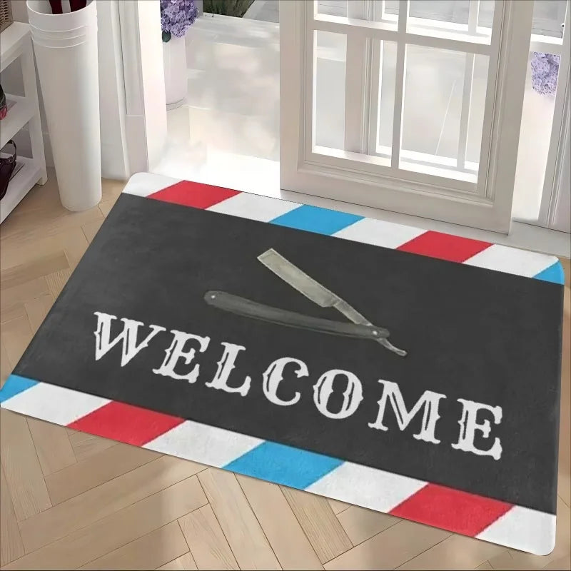 tapis moderne antidérapant salon entrée noir blanc rouge bleu motifs coiffure bienvenue