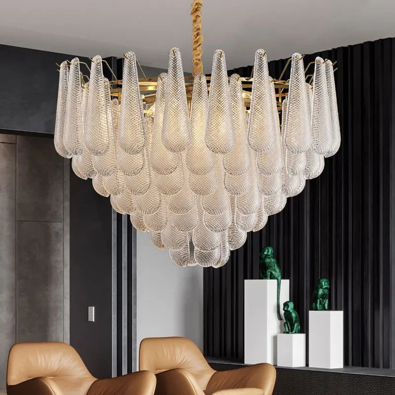 lustre moderne doré transparent géométrique chaîne cuivre flux lumineux salon restaurant