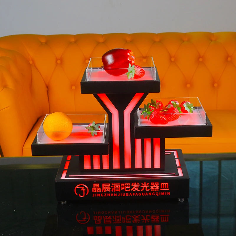 support fruits moderne plateau lumineux noir rouge rayures transparents leds rechargeables