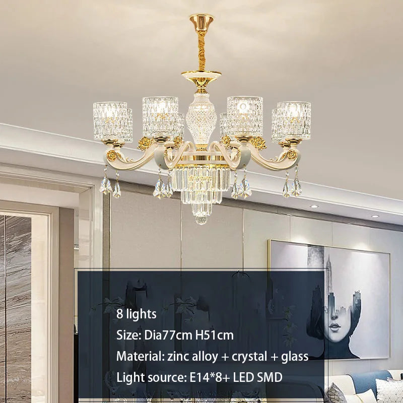 lustre led cristal ornementation dorée contemporain salon salle manger villa