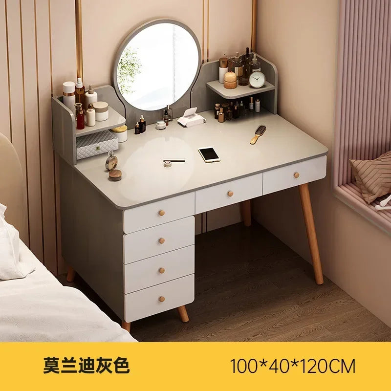 maquillage moderne tiroirs miroir plateau gris tiroirs blancs pieds bois naturel