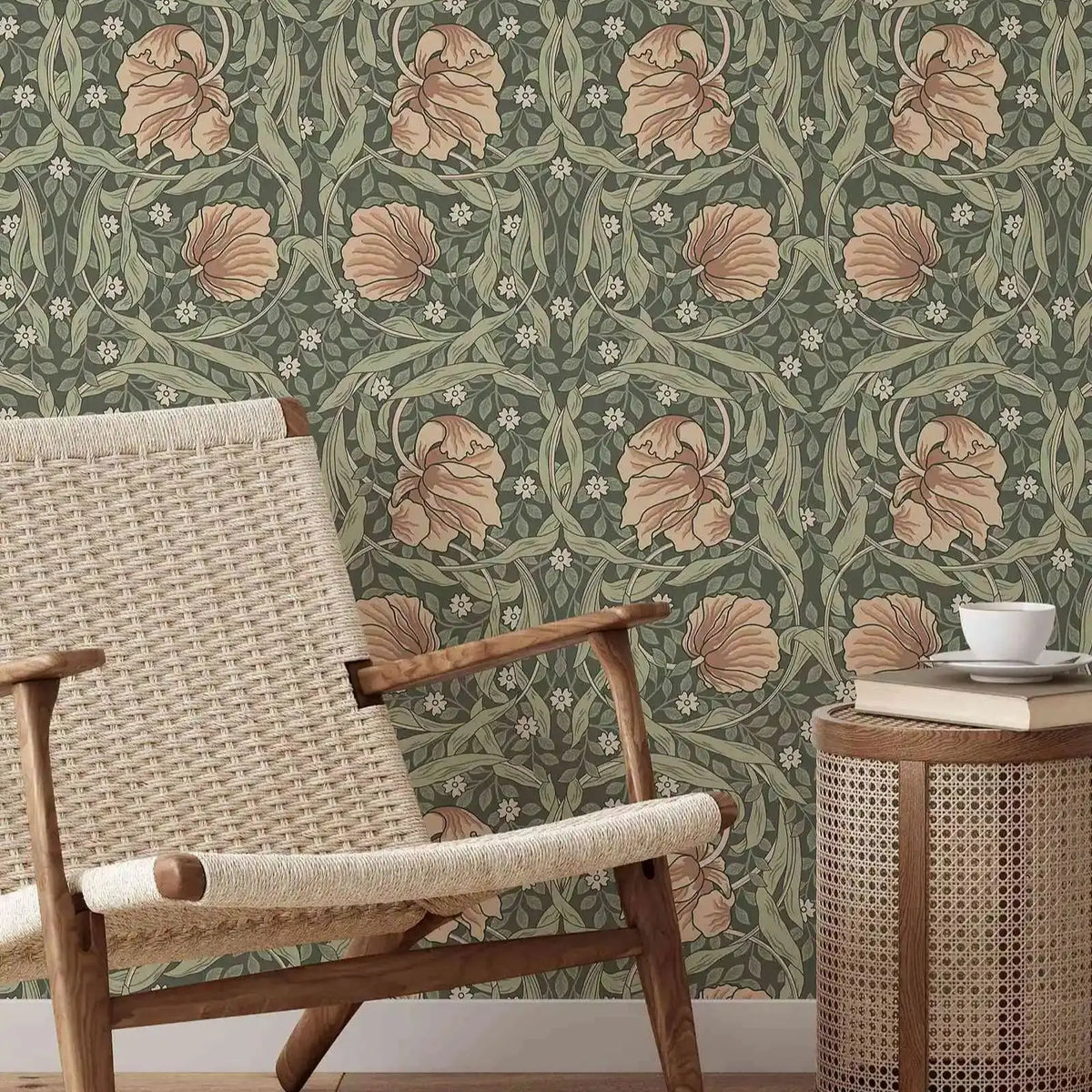 papier peint fleurs feuilles art nouveau vert beige auto adhésif résistant humidité