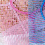 sac rangement suspendu filet transparent rose bleu blanc multiple poches cosmétique toile