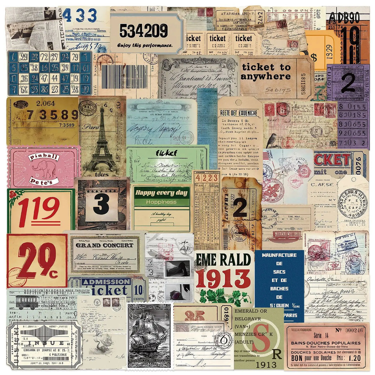 tickets vintage rétro collection ancien collage opacité beige marron bleu vert rouge noir blanc