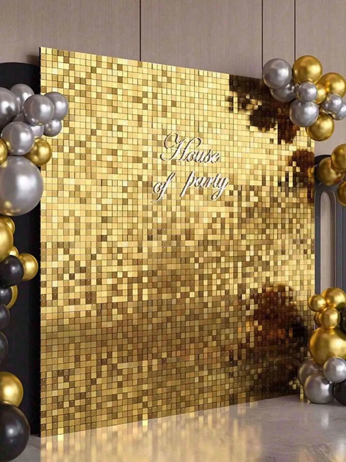 rideau decoratif panneau mural or argent rose carres scintillants surface texturée occasion fete anniversaire