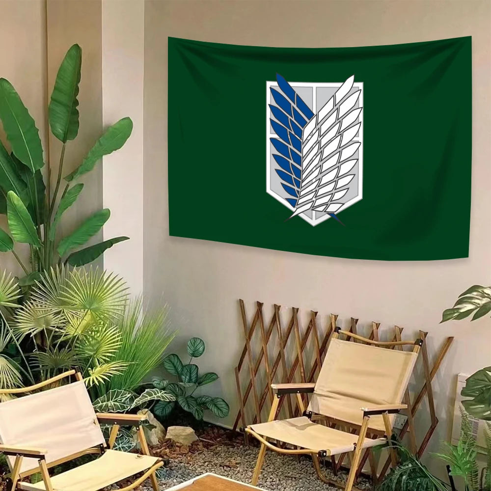 drapeau bannière emblème ailes bleues vert foncé dorés décoration intérieure extérieure polyester super tex