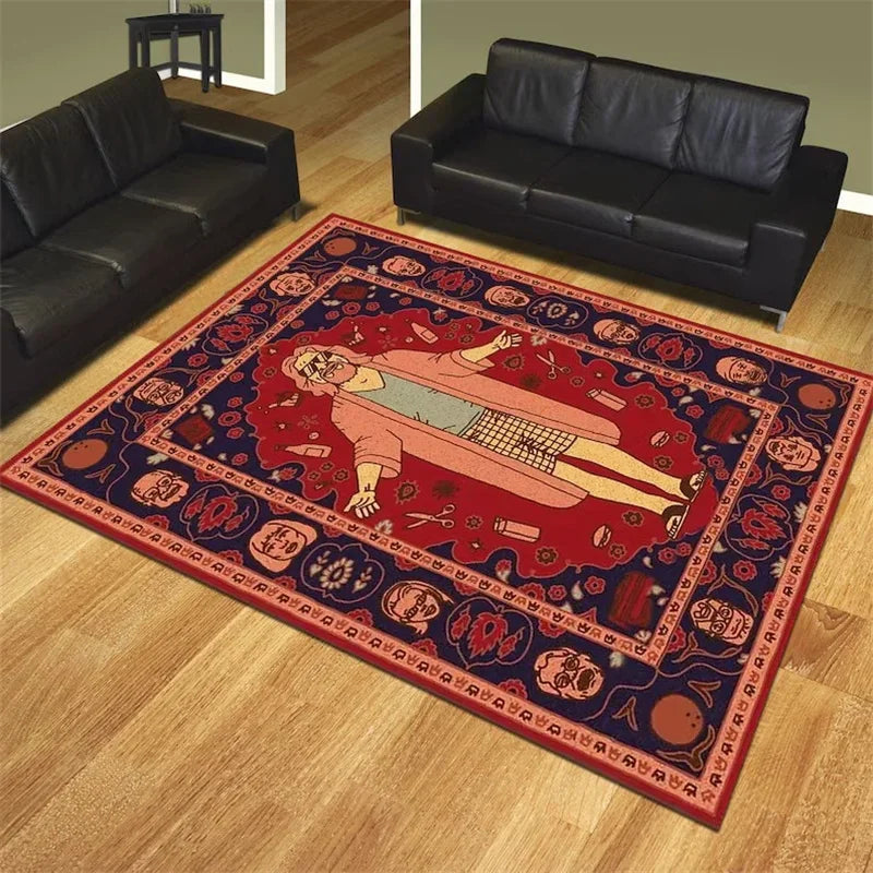 tapis oriental illustration personnage rouge bleu beige noir artisanal bordure visages sol antidérapant moderne