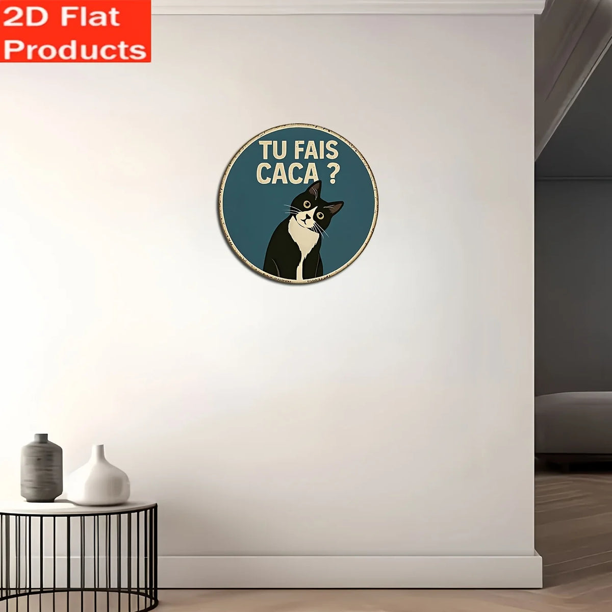 plaque decorative circulaire vintage humouristique chat noir blanc tu fais caca bleu foncé beige