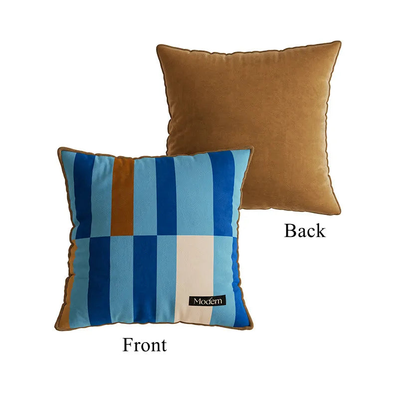 taies d'oreillers carrées modernes carreaux géométriques bleu beige marron velours 45x45cm 55x55cm lit canapé