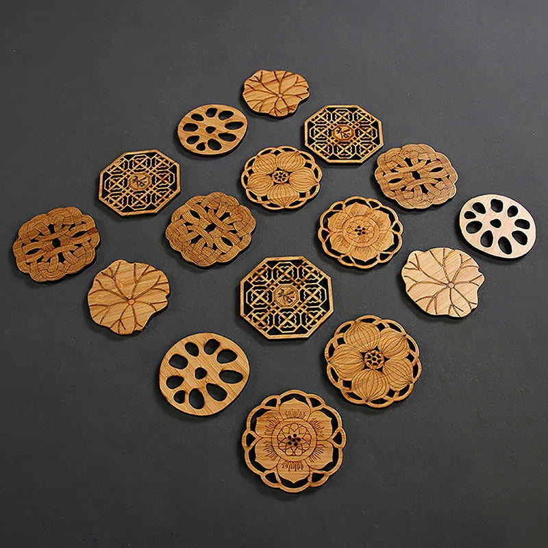 coasters bois naturel floral artisanal table thé asservant tasse blancDecoration maison