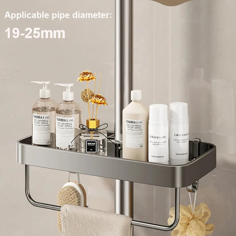 étagère douche moderne aluminium gris lisse salle bain fixée sans percer plateau shampooing cosmétique