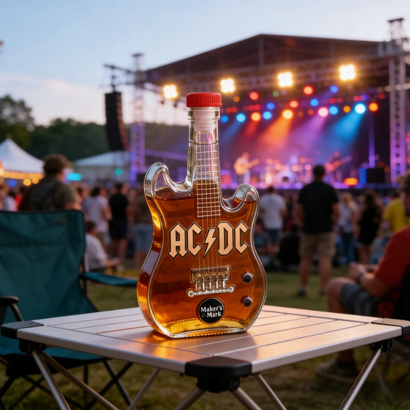 ornement rock bouteille forme guitare ac dc whisky transparent ambré rouge collection décoration plectres