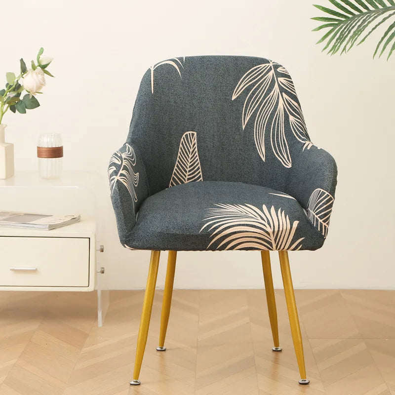 housse chaise moderne adhésive feuilles tropicales noir blanc gris bleu doré elasthanne polyester Jacquard
