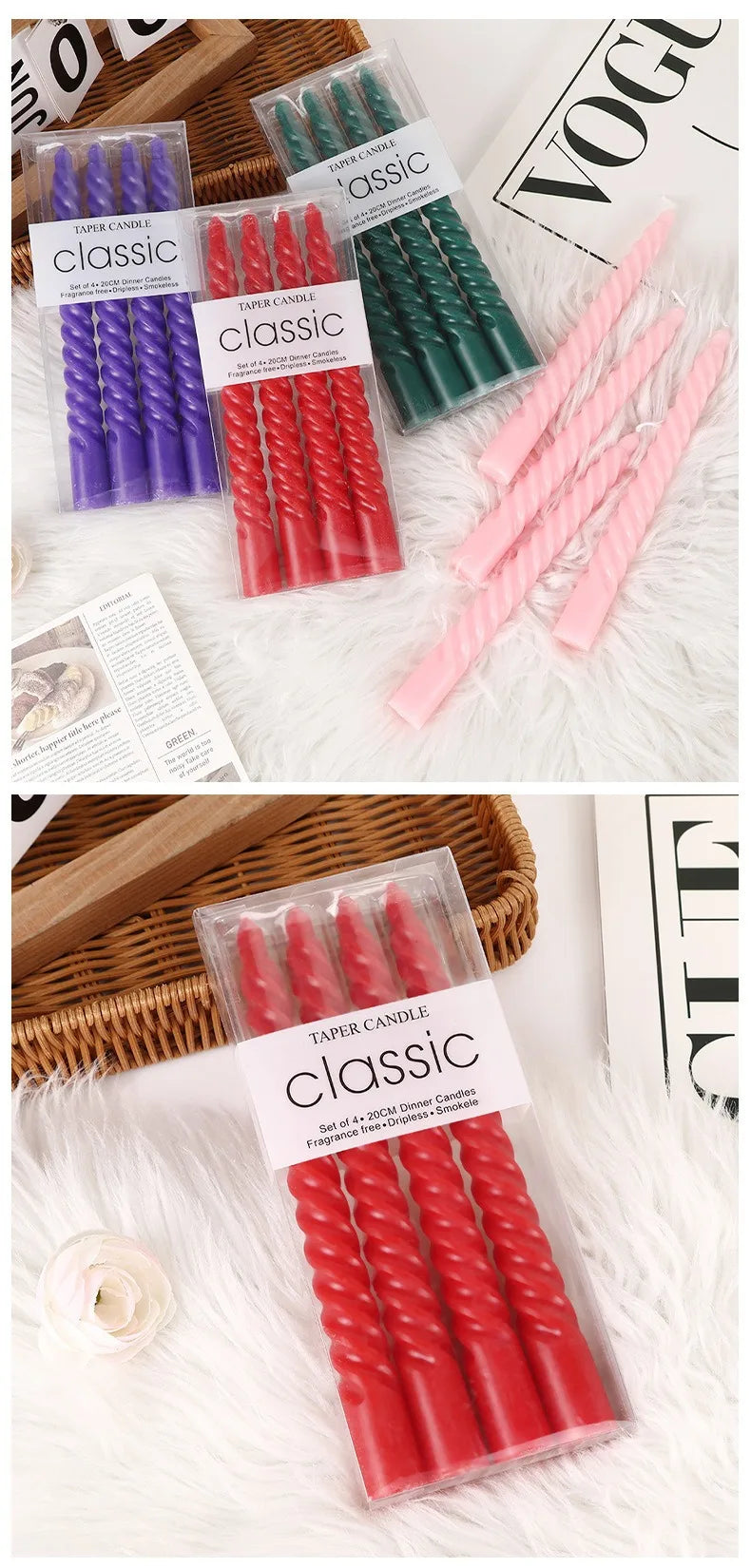 bougies spirales classiques noires violets vertes blanches roses maison mariage