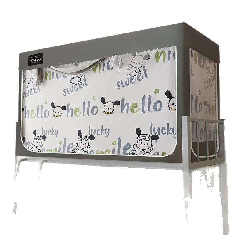 lit mezzanine moderne enfant gris blanc imprimé hello lucky tapis oreiller lampe figurines