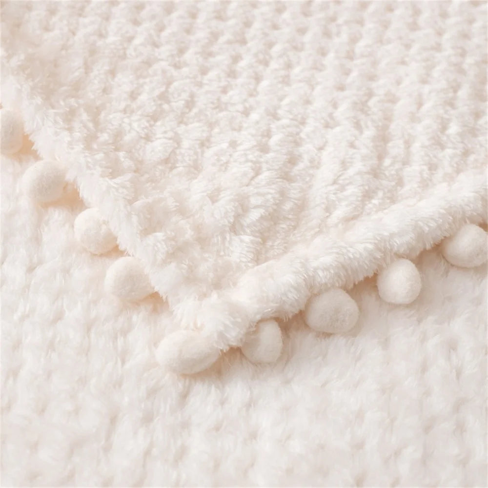 couverture tricotée polyester blanc motif pompons douce hiver décoration chambre coucher