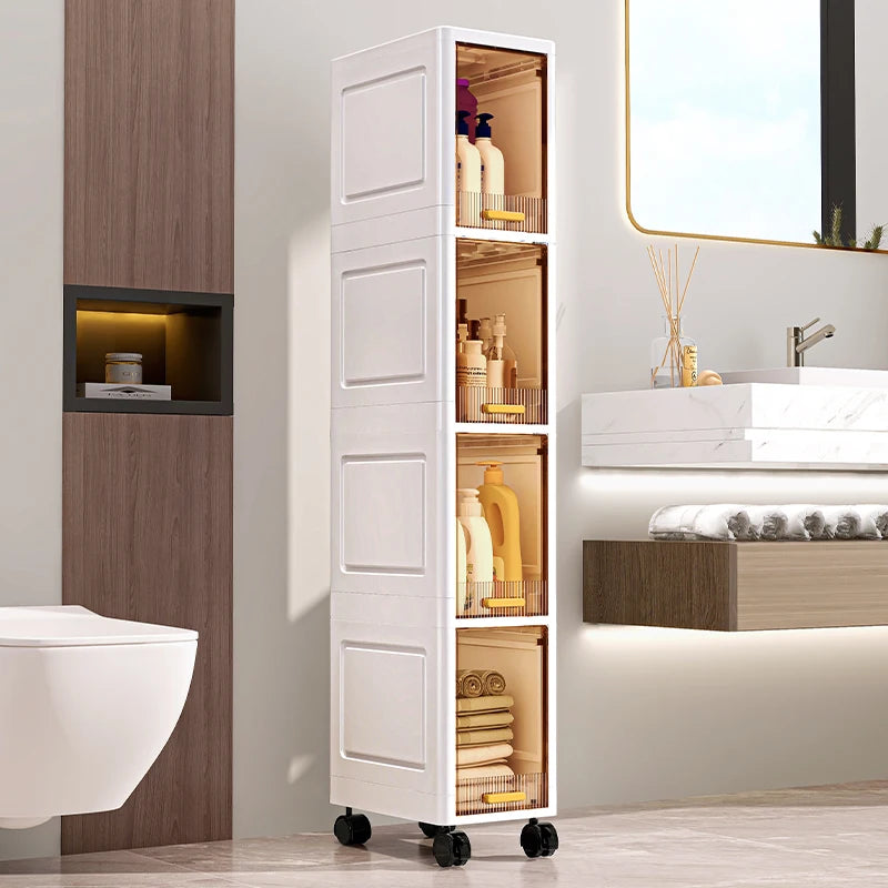 rangement mobile multi niveaux blanc transparent moderne roulettes echangement visible
