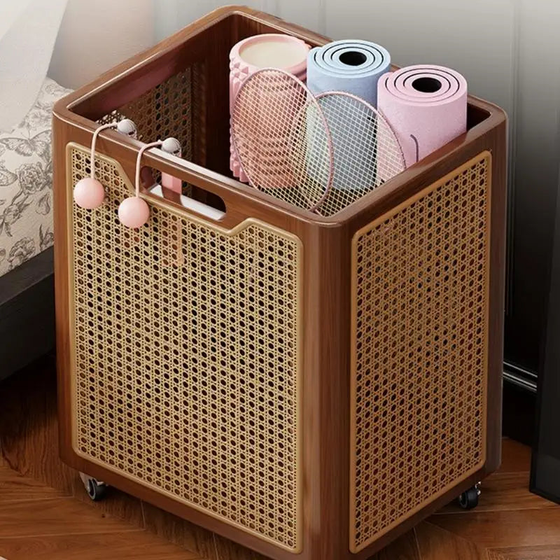 panier tressé moderne roulettes rangement marron foncé utilisation multiple bois chambre coucher salle bain