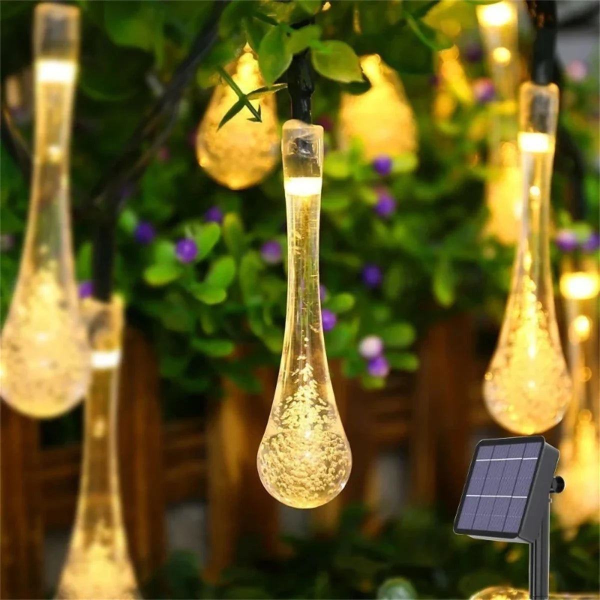 guirlande lumineuse solaire 12m 100led multicolore gouttes d'eau moderne extérieur jardin