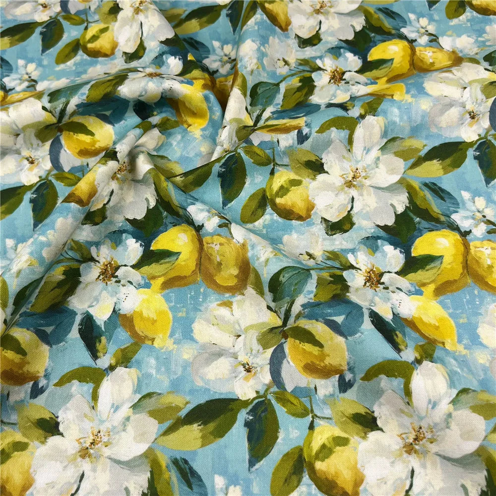 tissu coton imprimé fleurs citrons bleu turquoise jaune brocart décoration patchwork couture diy floral