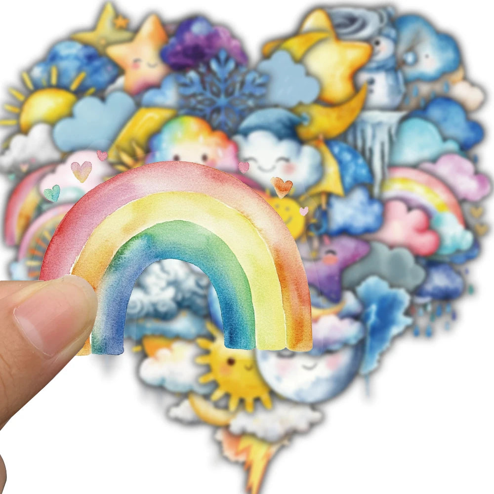 autocollants multicolores dessins animés nuages arc ciel étoiles foudre neige pluie cartoon enfantin adhésifs