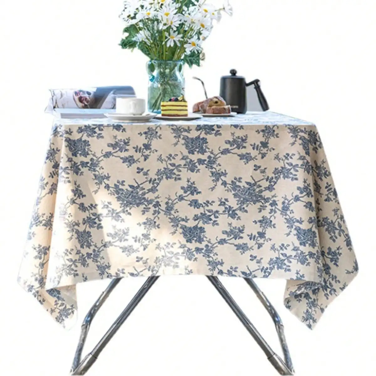 nappe plaid motif floral champêtre table extérieure mariage fête beige bleu rustic