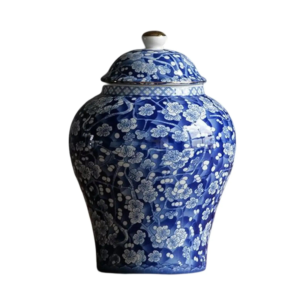 pot épices céramique blanc bleu fleurs traditionnel couvercle vase décoration table centerpiece