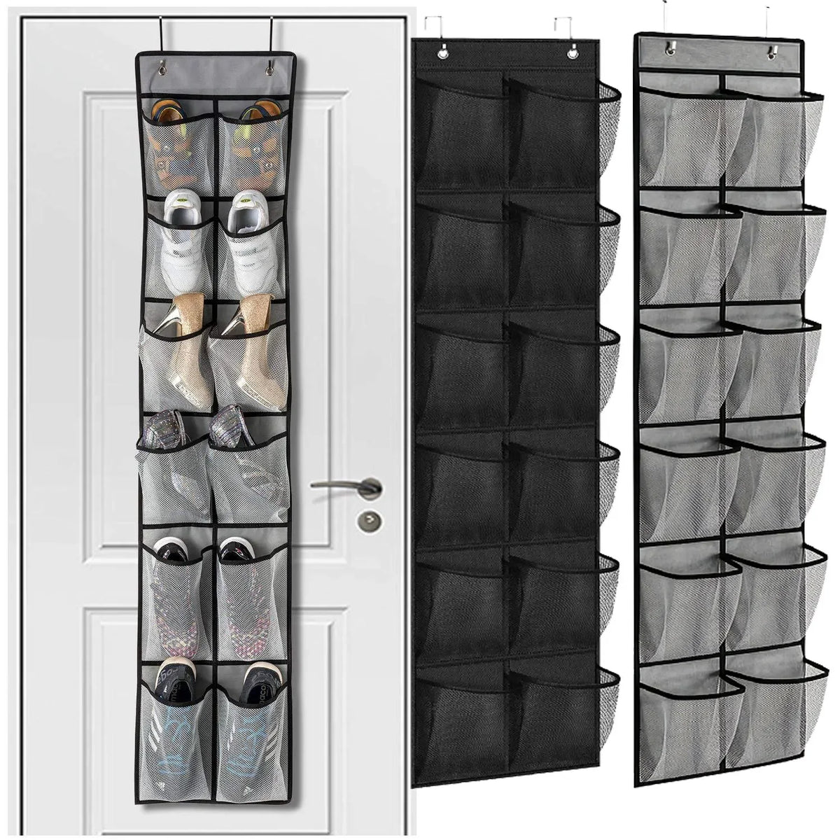 rangement chaussures suspendu noir gris transparent 14 poches maille respirante moderne crochets métalliques