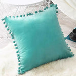 taies d'oreiller velours moderne gris jaune rose bleu blanc pompons non toxique polyester 45x45cm