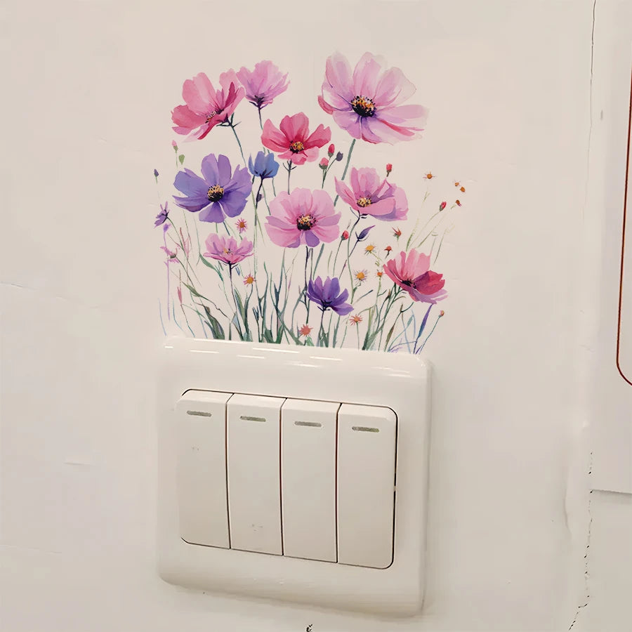 interrupteur mural adhésif fleurs colorées moderne blanc chambre enfant aquarelle amovible pastel