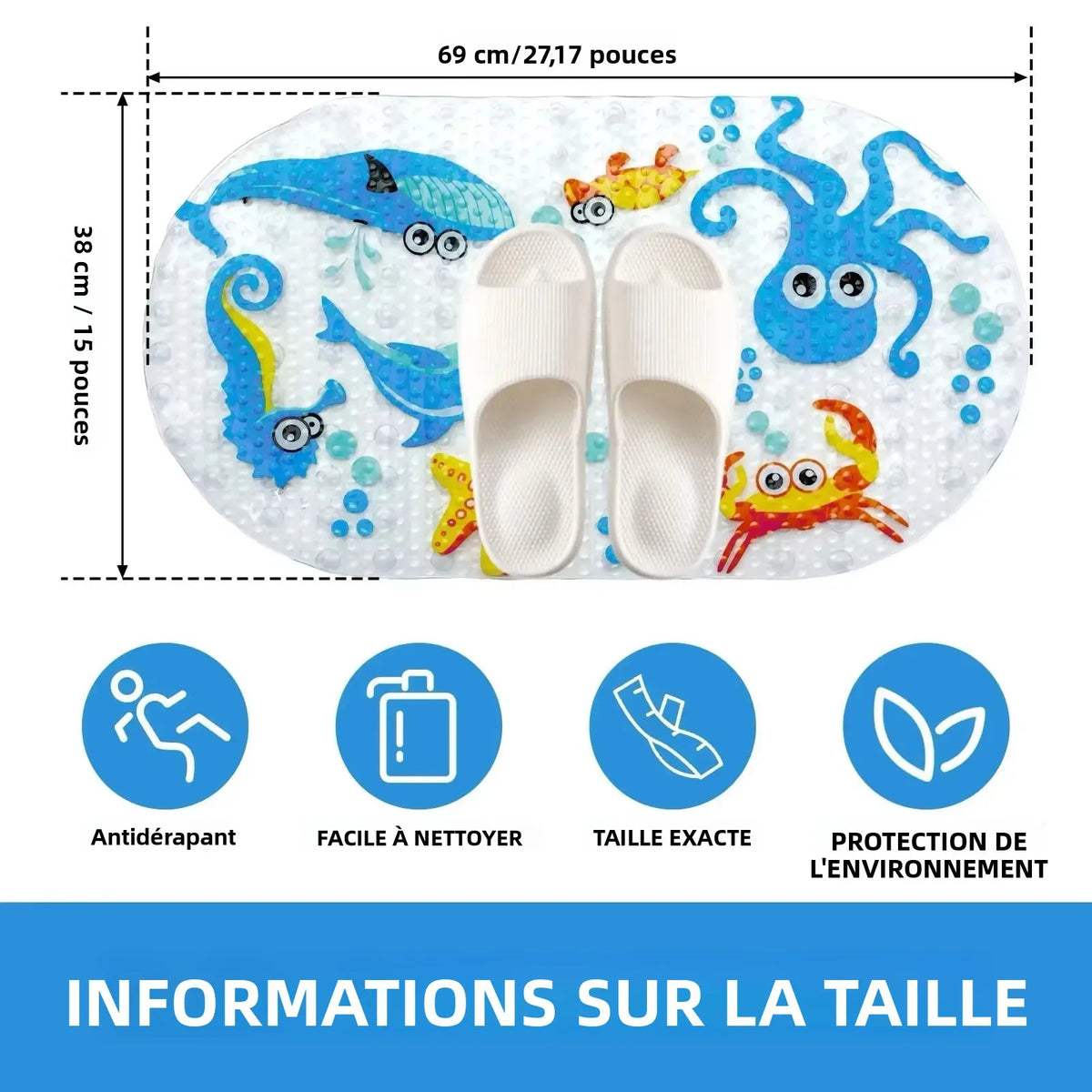 tapis bain antidérapant motifs animaux marins transparent coloré sécurité bain enfants poissons bulles pvc