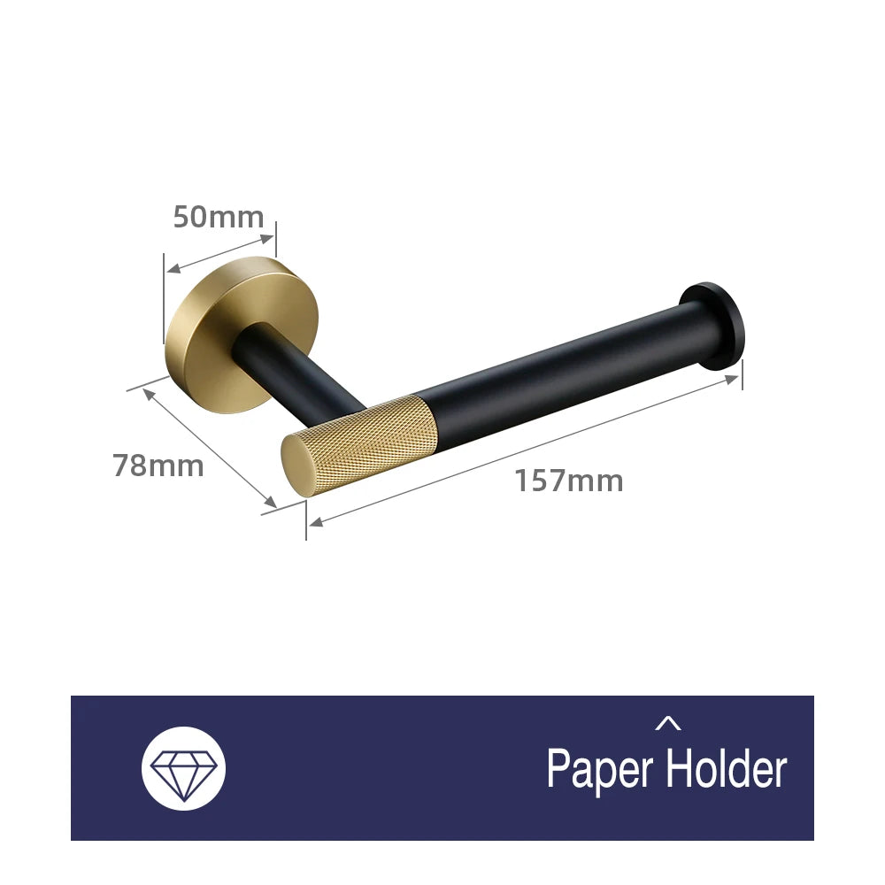 accessoires salle bains porte serviettes moderne porte savon noir doré texture moletée fixations élégants
