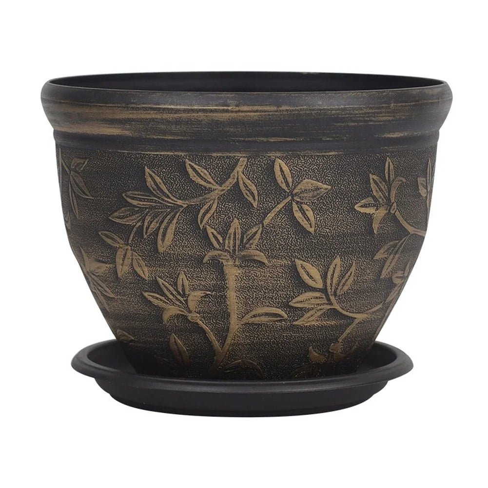 pots fleurs noirs classiques gravures feuilles fleurs plateau drainage visible