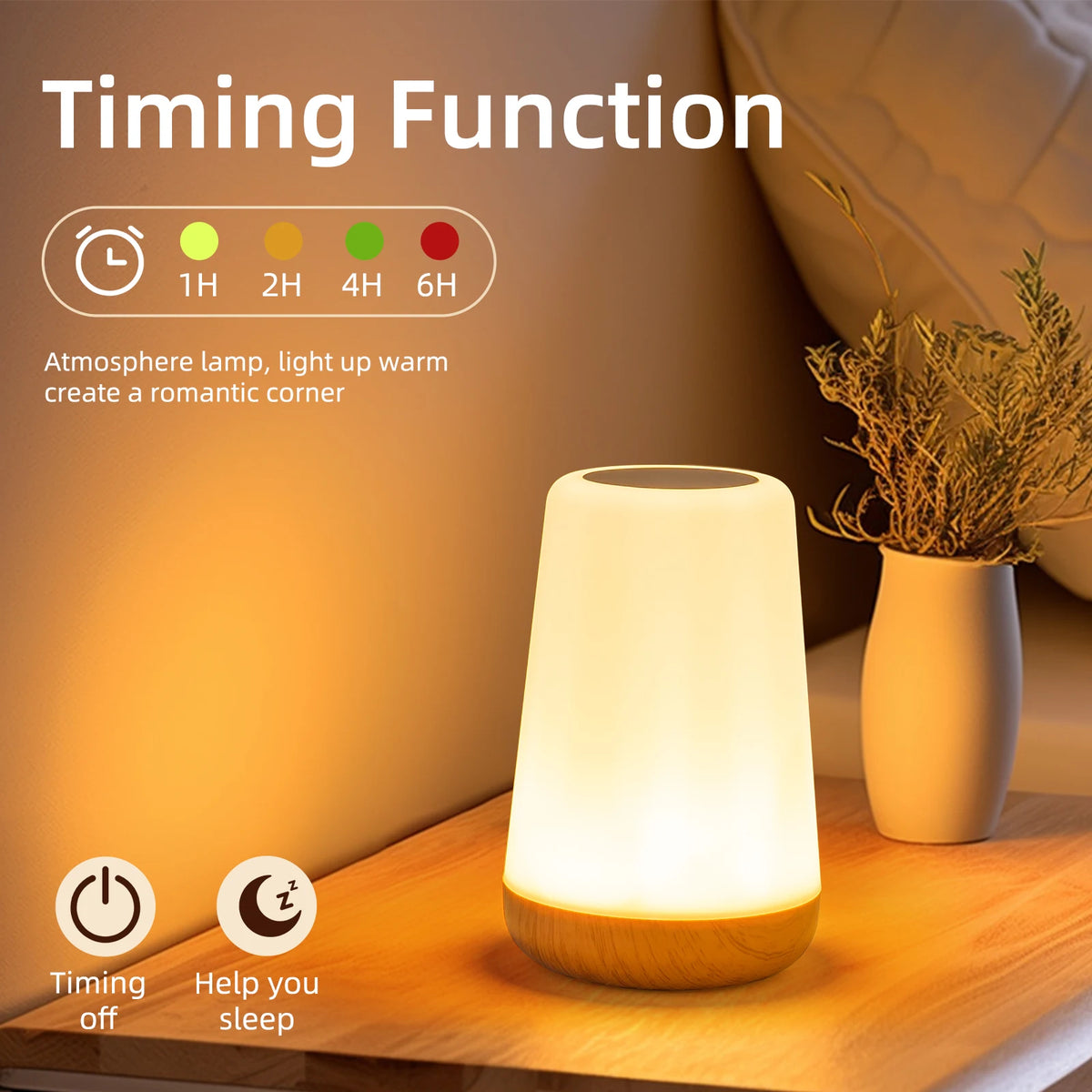 Lampe de chevet bois tactile sur table de nuit - éclairage doux