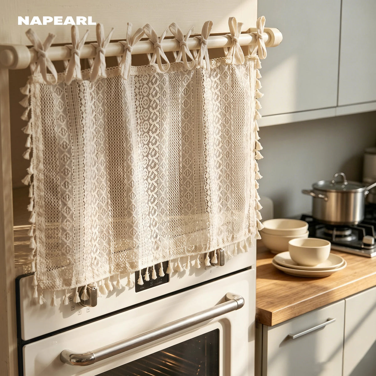 rideau boho chic beige dentelle franges semi transparent decoratif polyester isolation thermique