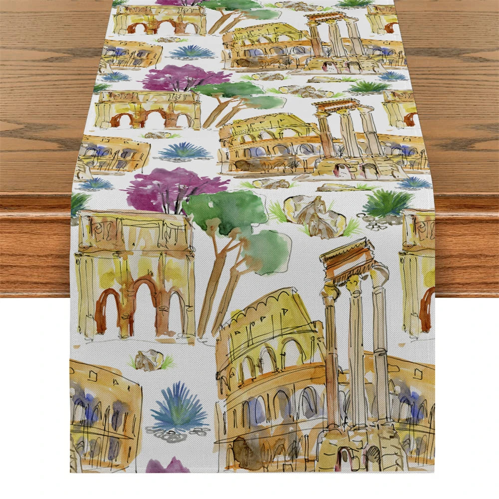 chinois table runner fleurs peinture aquarelle polyestere maison violet blanc bleu