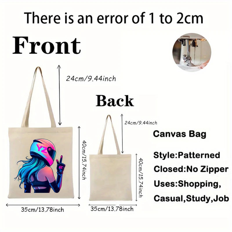 sac main toile beige imprimé femme casque moderne réutilisable respectueux environnement poignées tissu tridimensionnel