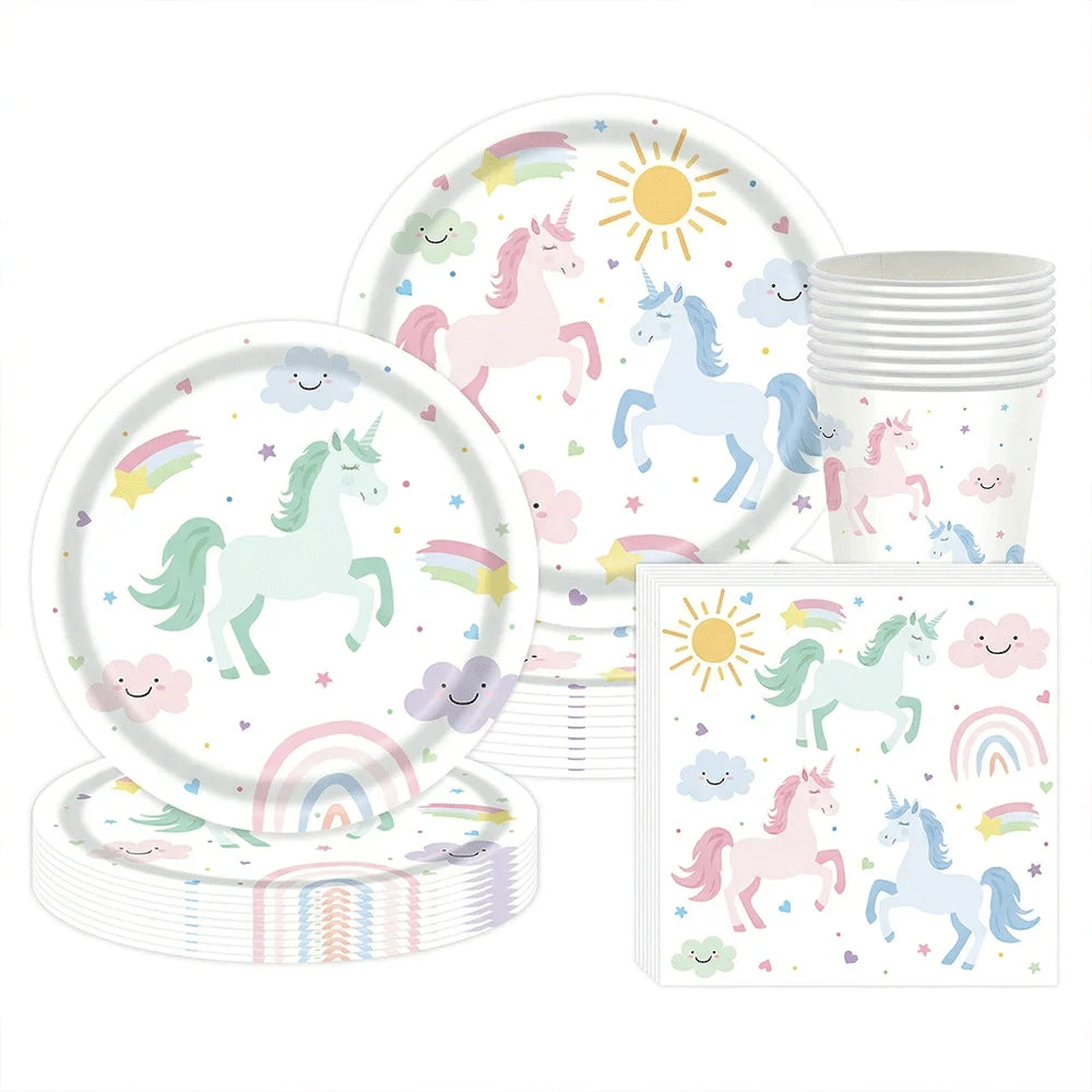 assiettes gobelets serviettes licorne arc ciel anniversaire enfant festif multicolore papier blanc rose bleu