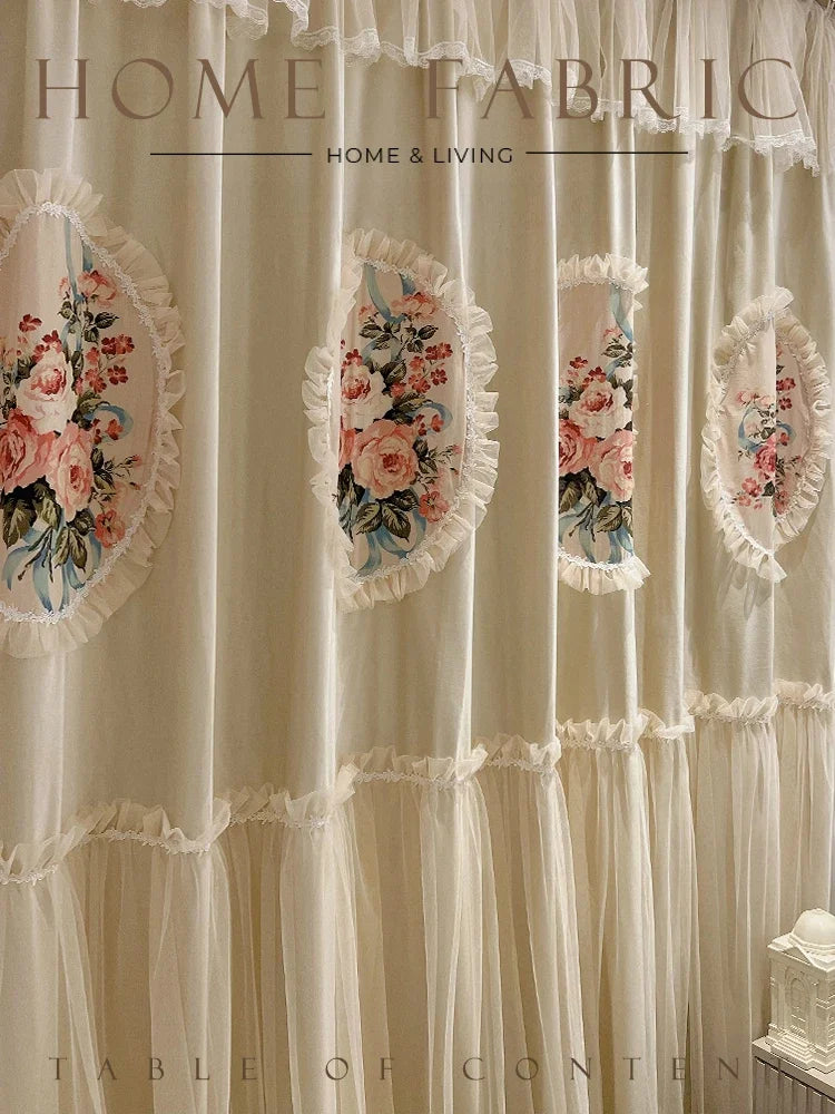 rideau fenêtre tulle brodé beige fleurs dentelle vintage romantique translucide salon chambre
