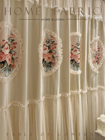 rideau fenêtre tulle brodé beige fleurs dentelle vintage romantique translucide salon chambre