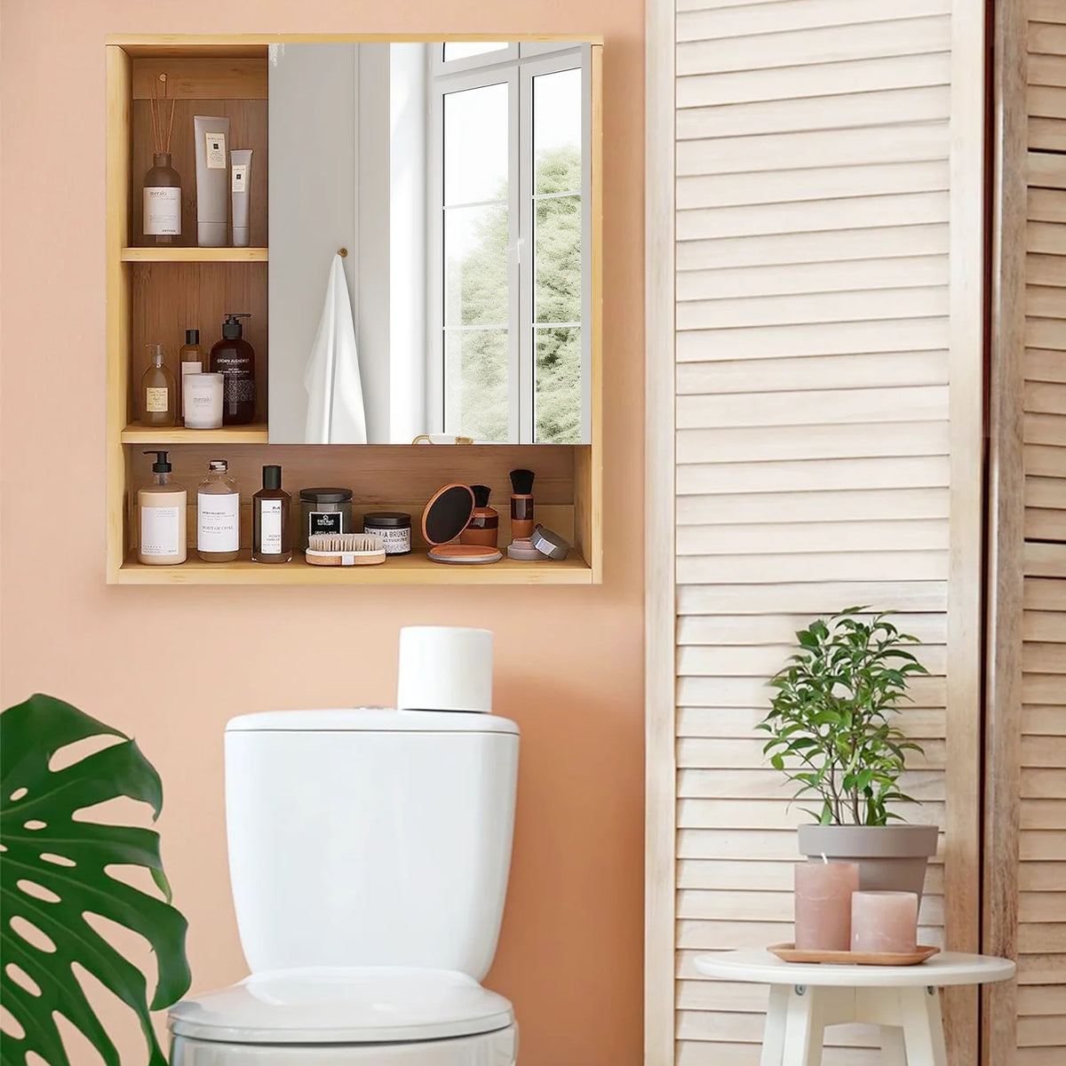 meuble rangement mural miroir bois naturel étagères amovibles moderne chambre bacs accessoires