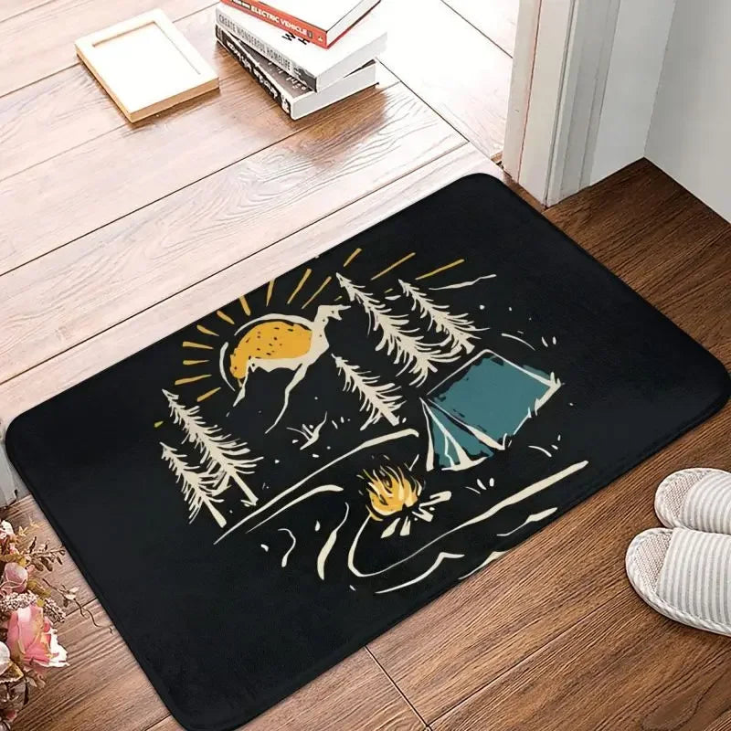 tapis sol antidérapant polyester moderne camping montagne arbres feu camp noir blanc bleu