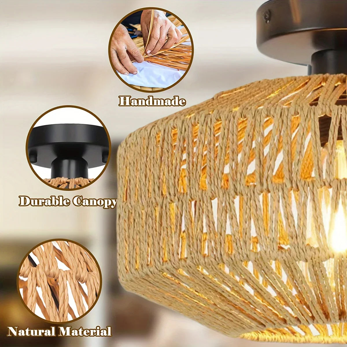 lampe suspendue moderne rustique tissée bambou naturel cadre métallique noir cuisine chambre coucher salle