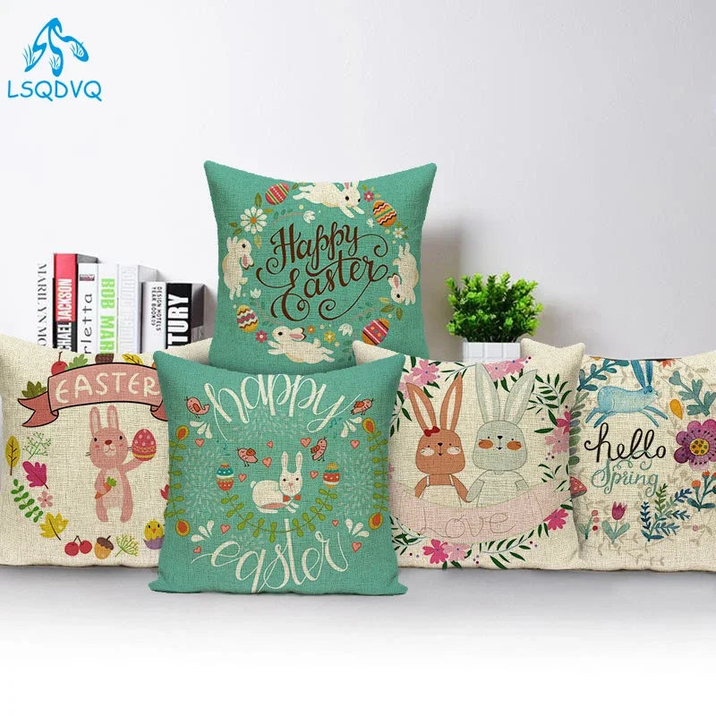 housse coussin carré coton motif lapin fleurs décoration chambre enfant salon décoratif couleur pastel