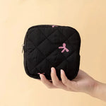 Sac cosmétiques polyestère noir blanc rose bleu cuir mat fermeture glissière poudre compacte brosse