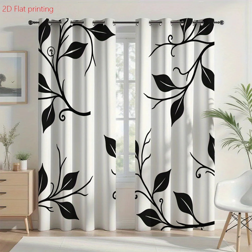 rideaux blanc noir motifs floraux deux panneaux polyester moderne contemporain