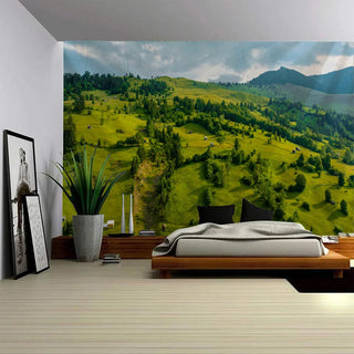 tapis mural paysage naturel forêt cascade jungle décoratif contemporain vert rouge bleu marron blanc