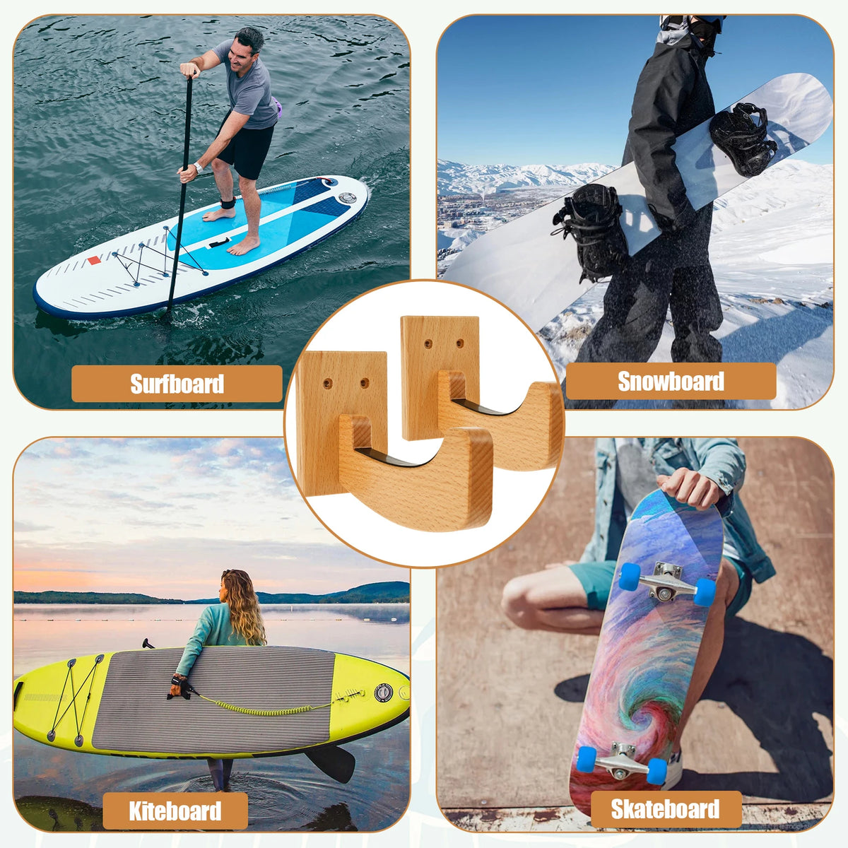 support mural bois planche surf cintre vis expansion moderne orange noir gris vert bleu